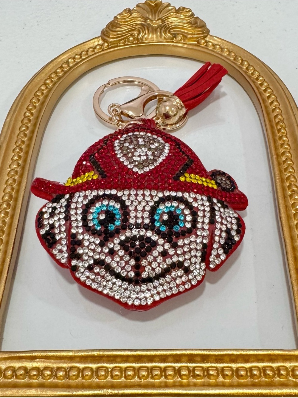 New Red Puppy Patrol Marshall Crystal Dog Keychain with Gold Hardware